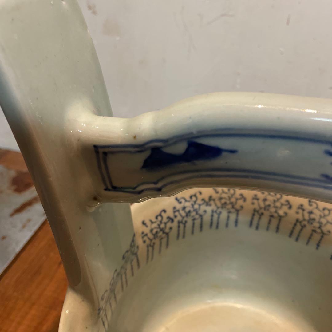 美品　陶器　時代物　染付　山水画　文手桶　花入　当時物　古道具