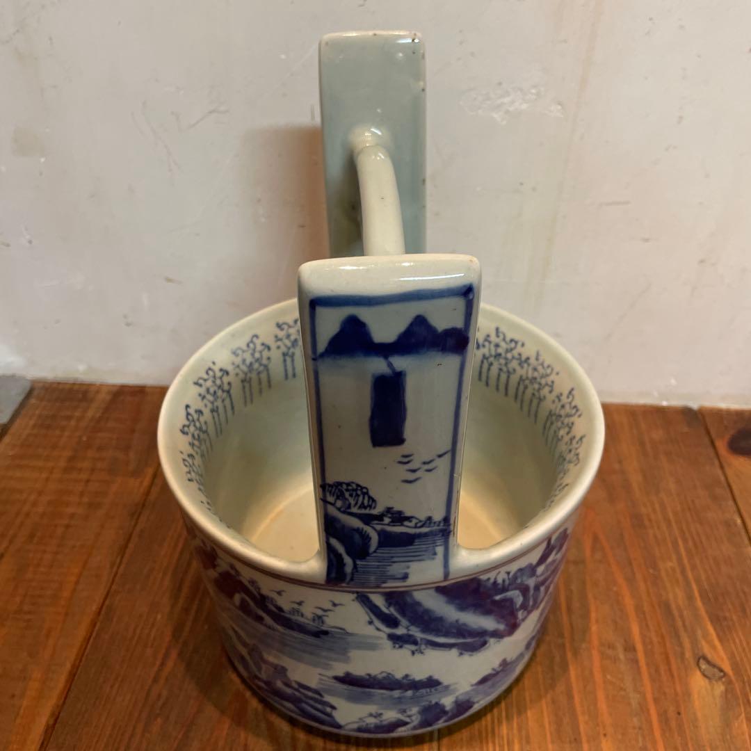 美品　陶器　時代物　染付　山水画　文手桶　花入　当時物　古道具