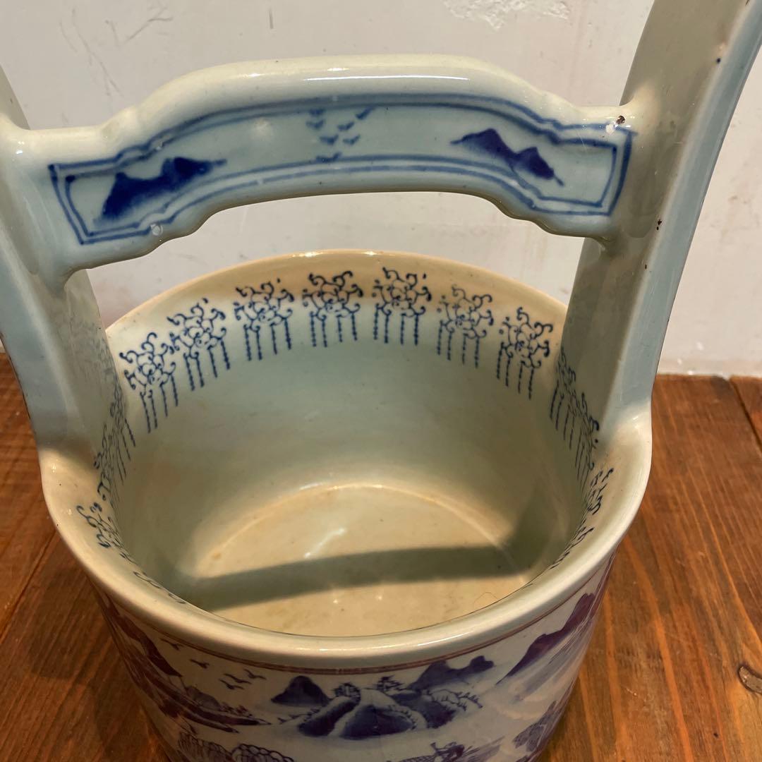 美品　陶器　時代物　染付　山水画　文手桶　花入　当時物　古道具