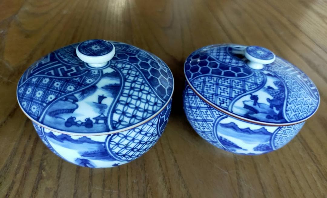 清水焼 繁友孝峰 祥瑞花鳥蓋付汲出碗 2客+蓋無し1客 ￥9000 　箱なし