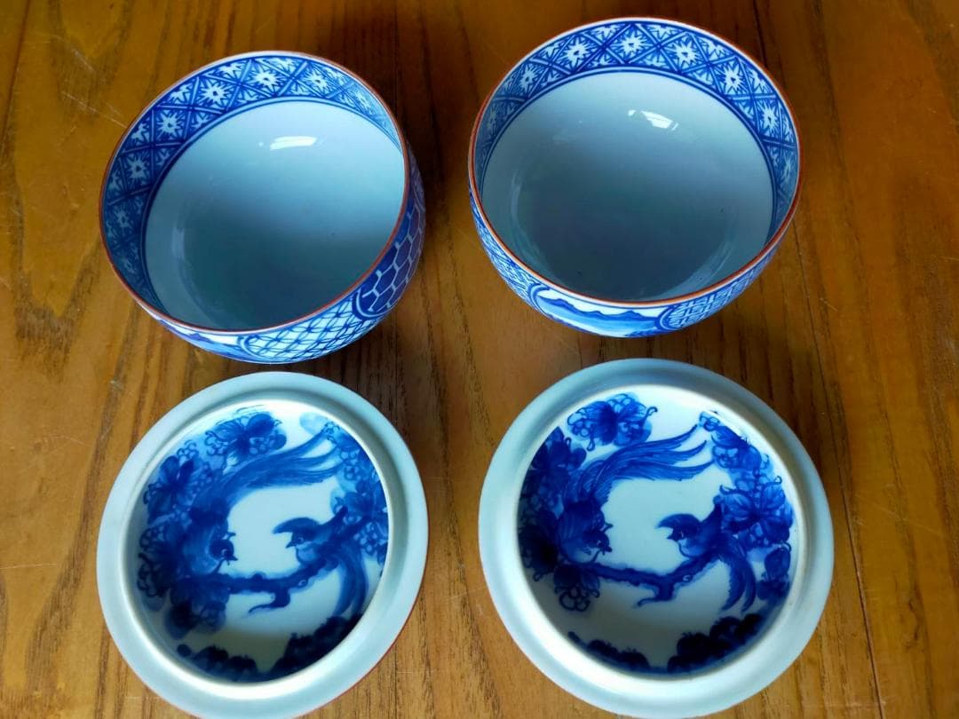 清水焼 繁友孝峰 祥瑞花鳥蓋付汲出碗 2客+蓋無し1客 ￥9000 　箱なし