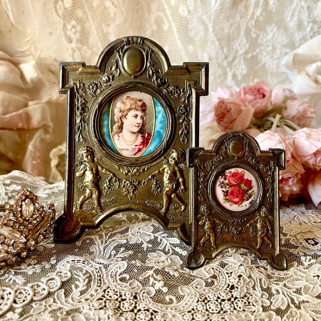 天使と花ガーランドのフレーム大小2個セット　フォト写真立て　フランスアンティーク