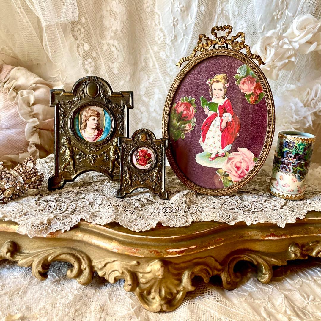 天使と花ガーランドのフレーム大小2個セット　フォト写真立て　フランスアンティーク