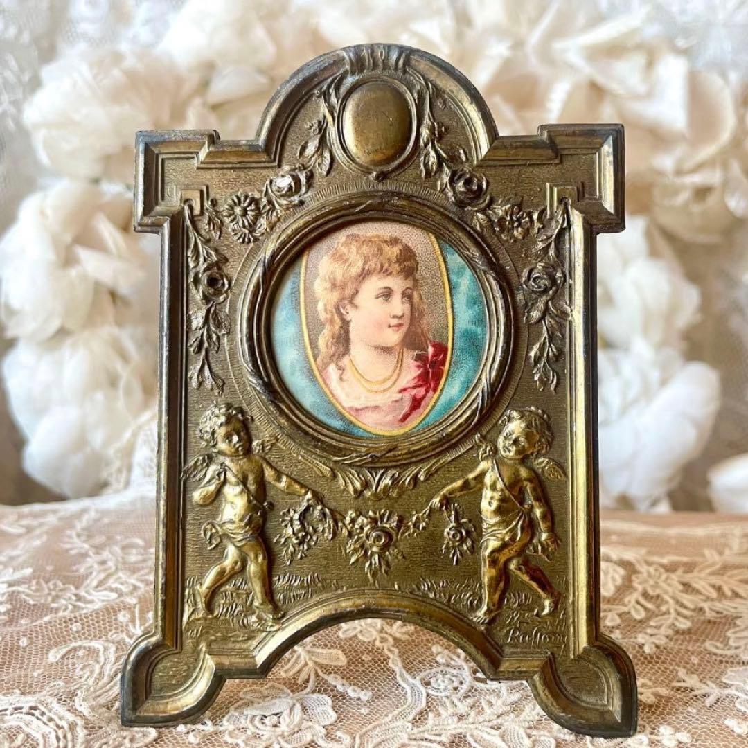 天使と花ガーランドのフレーム大小2個セット　フォト写真立て　フランスアンティーク