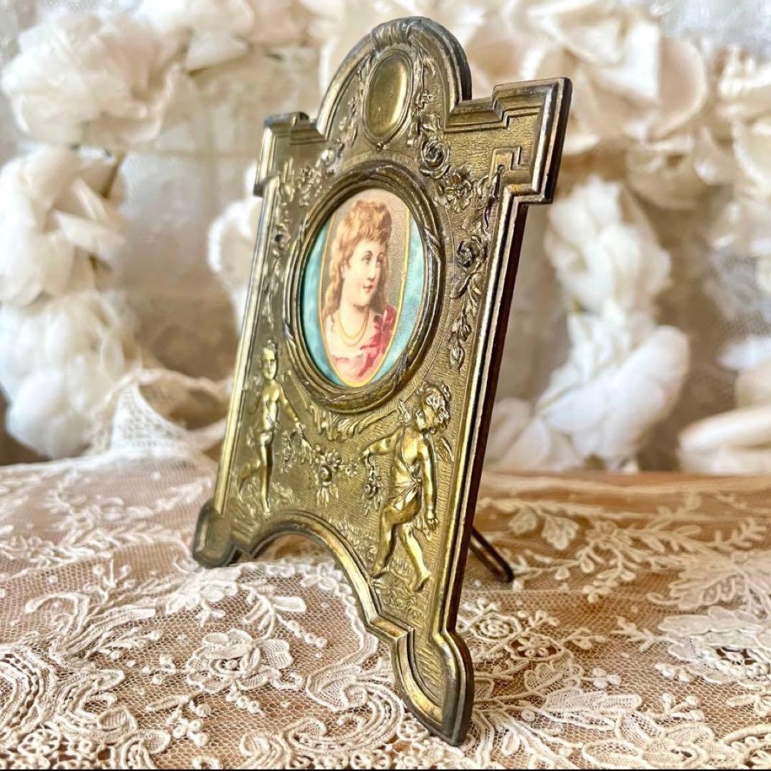 天使と花ガーランドのフレーム大小2個セット　フォト写真立て　フランスアンティーク