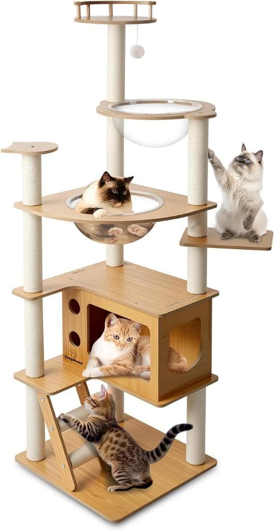 キャットタワー 木製 スリム 宇宙船 据え置き 厚さを増した板材 キャットハウス