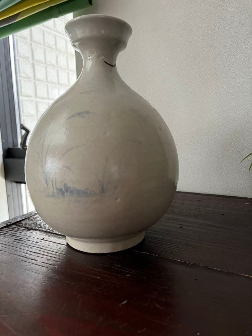 17～18世紀李朝時代後期 染付　金沙里窯系 鳥　青花水禽文盤口瓶 秋草手