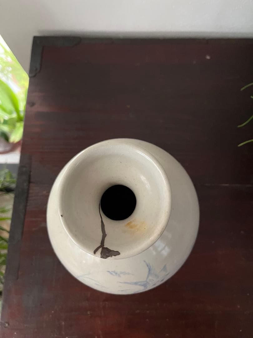 17～18世紀李朝時代後期 染付　金沙里窯系 鳥　青花水禽文盤口瓶 秋草手