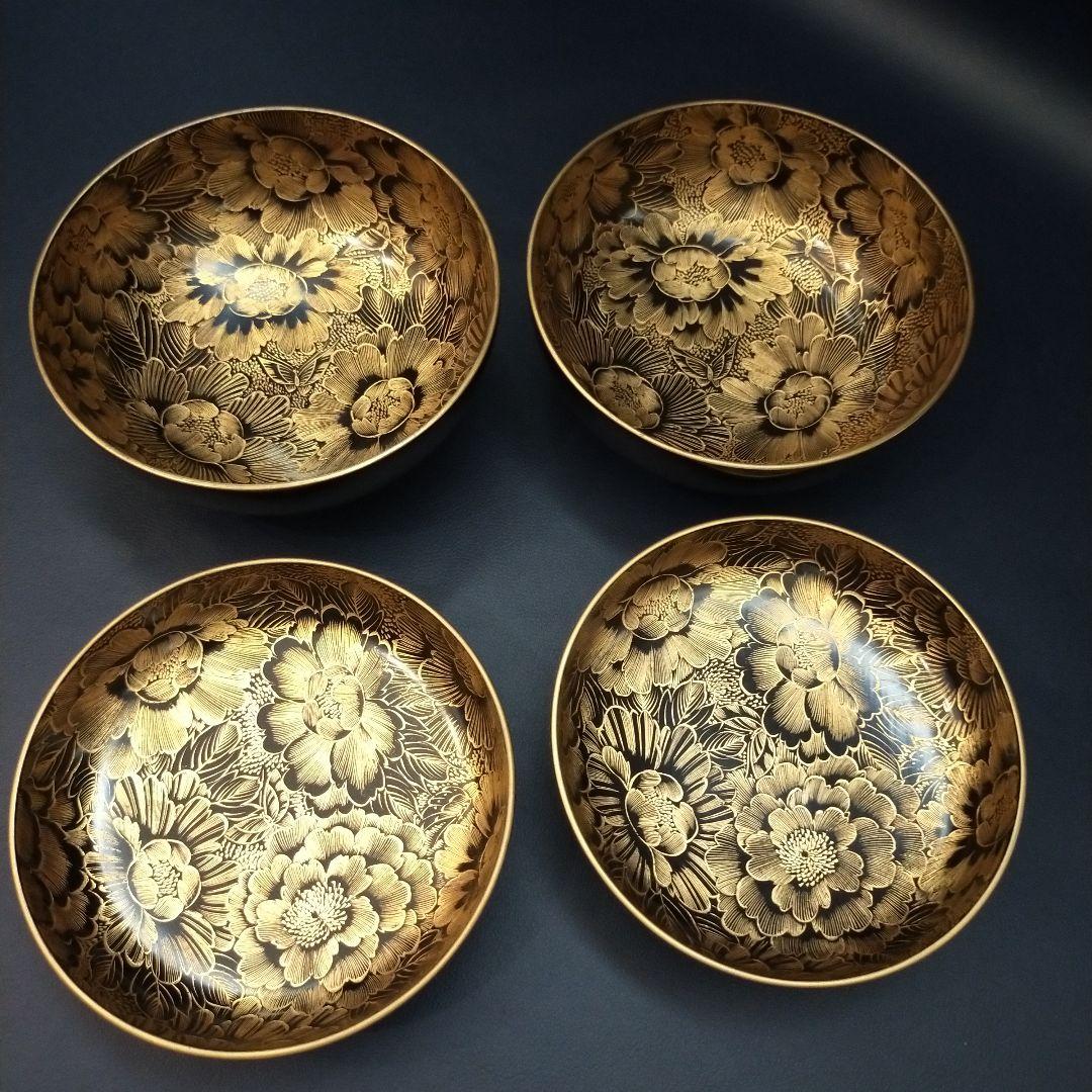 確認用　能登輪島塗 内総沈金 牡丹紋詰 吸物椀 茶道具 懐石 菓子椀 2客