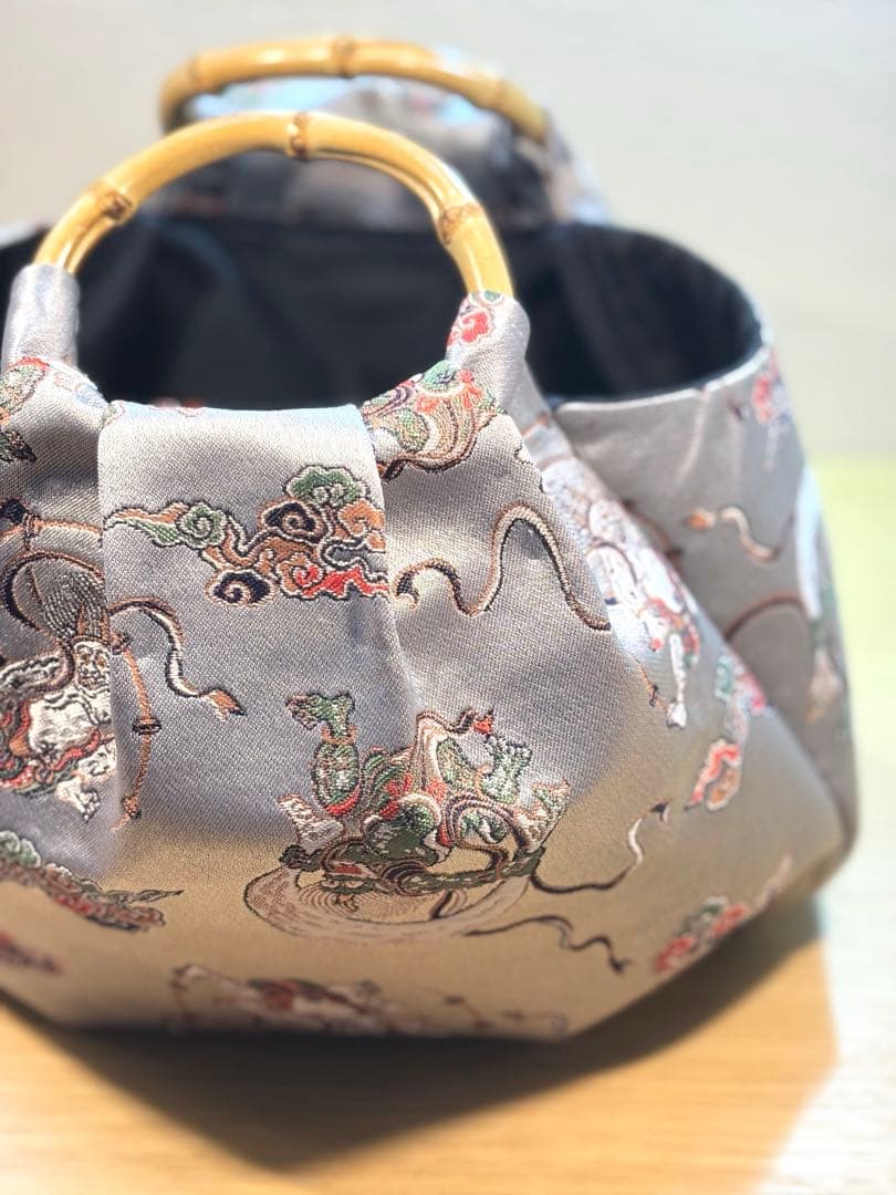 和装バック　着物バック　金蘭生地・風神雷神（グレー）卒業入学結婚七五三お宮参り