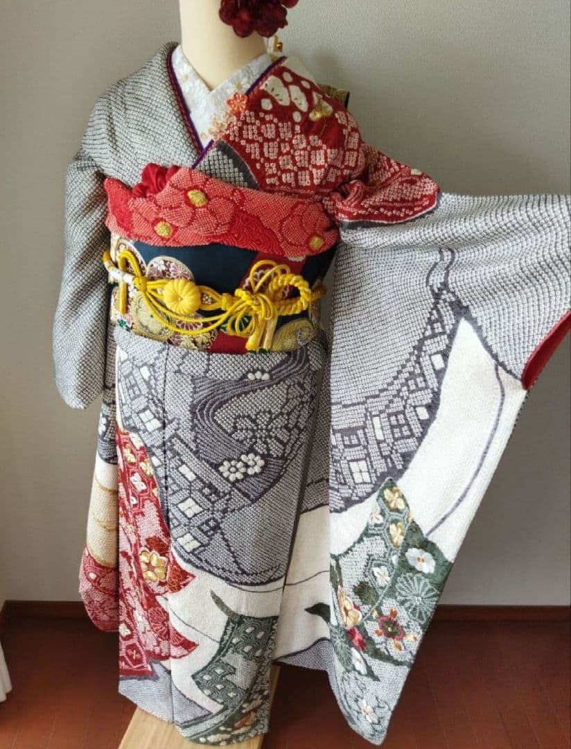 ステラ様　406.総絞りに刺繍　振袖7点セット 正絹　フルセット　成人式