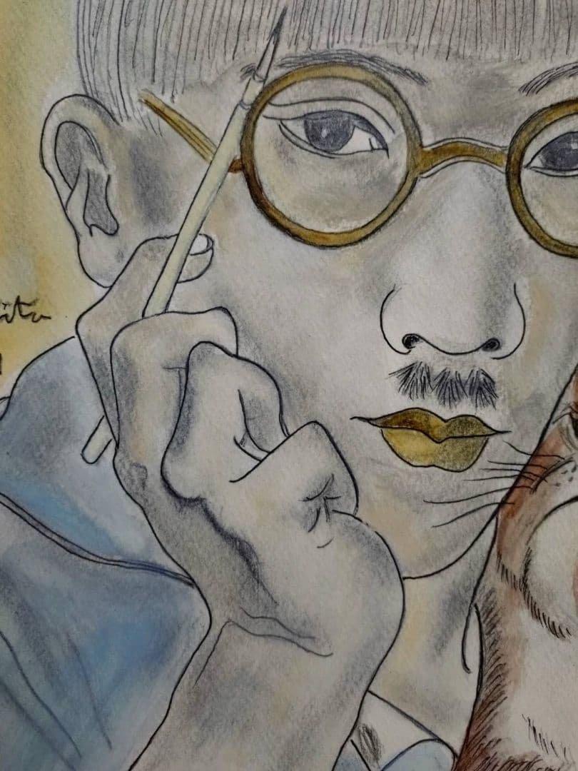 【F6号】藤田嗣治【猫と自画像】手描き/表裏サイン・鑑定書有り/鉛筆/水彩/額縁