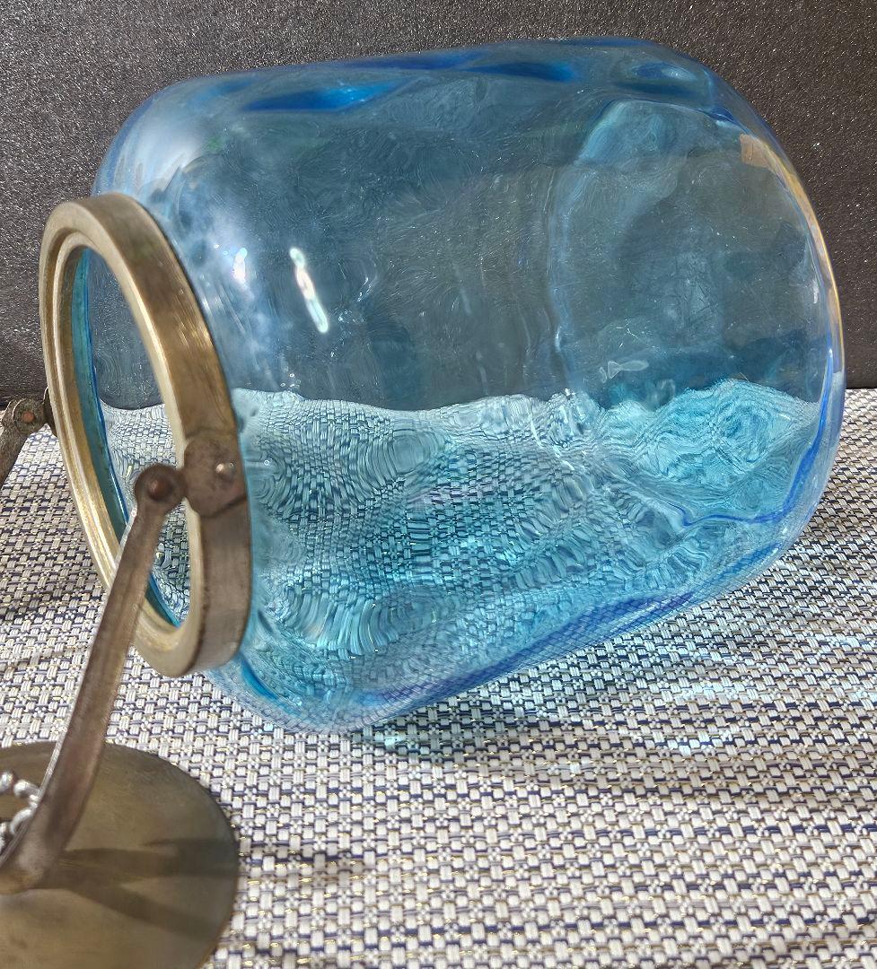 1800年代　欧州アンティーク　青被せ ダイヤ模様　ガラス瓶　キャンディポット