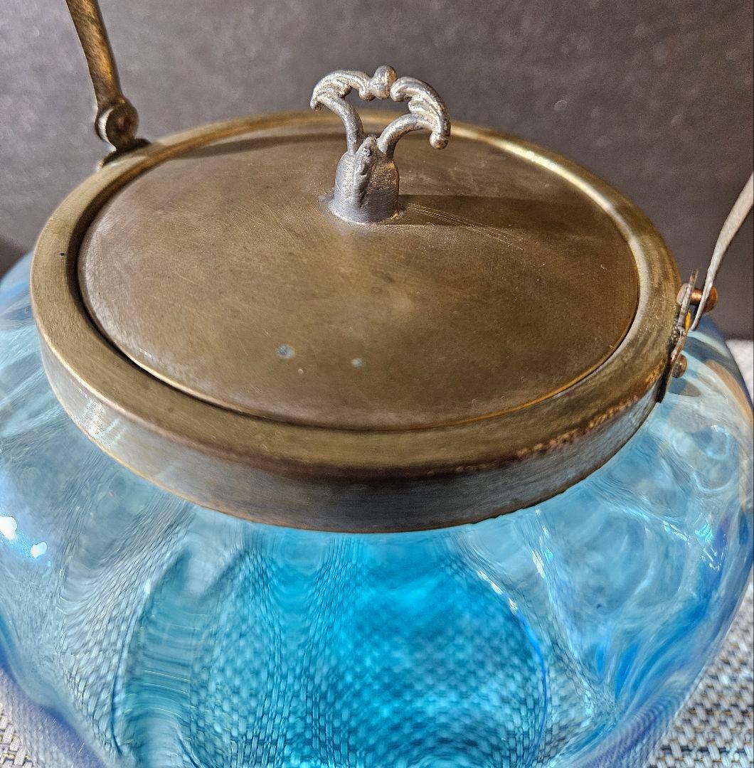 1800年代　欧州アンティーク　青被せ ダイヤ模様　ガラス瓶　キャンディポット