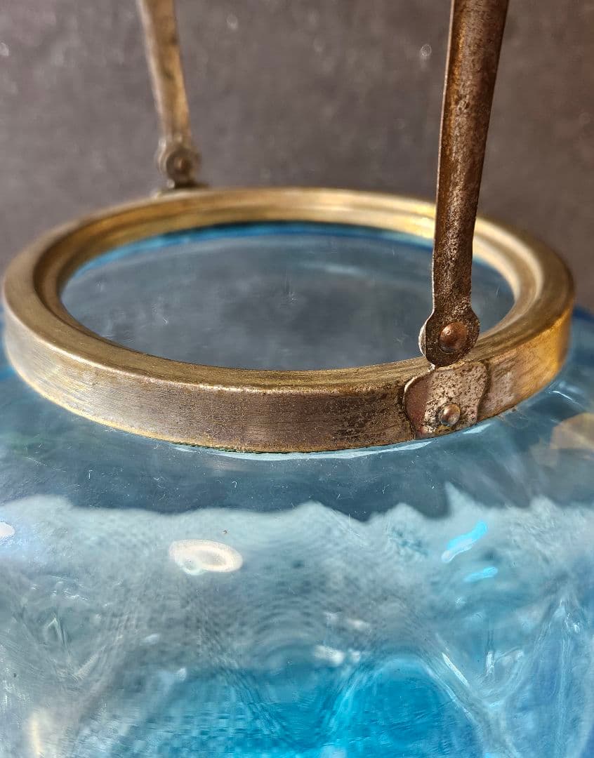 1800年代　欧州アンティーク　青被せ ダイヤ模様　ガラス瓶　キャンディポット