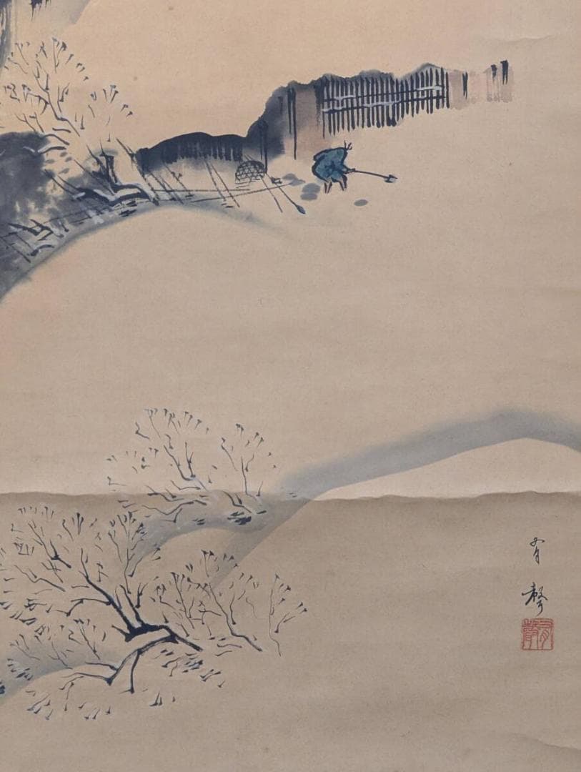 【真作】掛軸　雪景山水図　墨画淡彩　時代書画　古美術　雪に家並み　U3