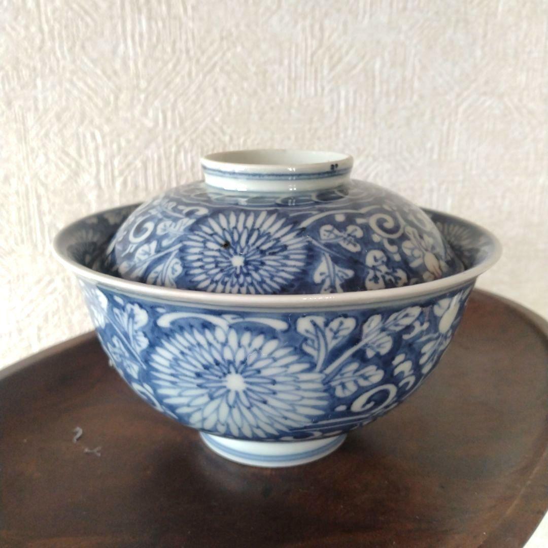 古伊万里染付菊唐草蓋付茶碗道光年製