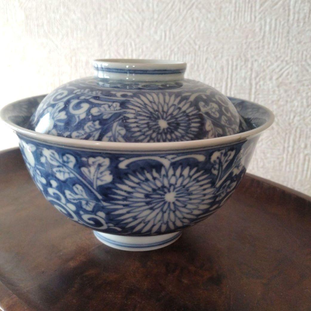 古伊万里染付菊唐草蓋付茶碗道光年製