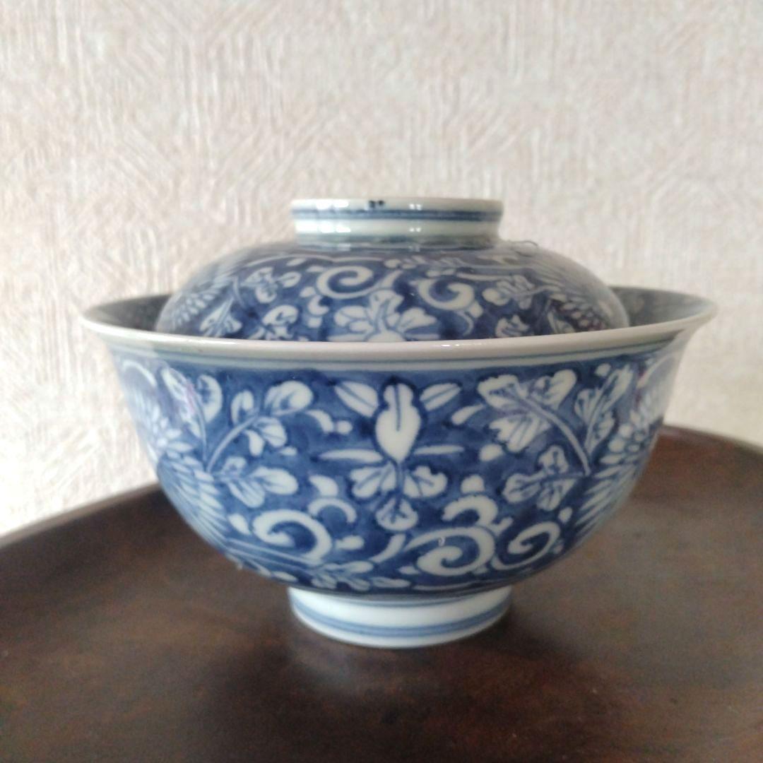 古伊万里染付菊唐草蓋付茶碗道光年製