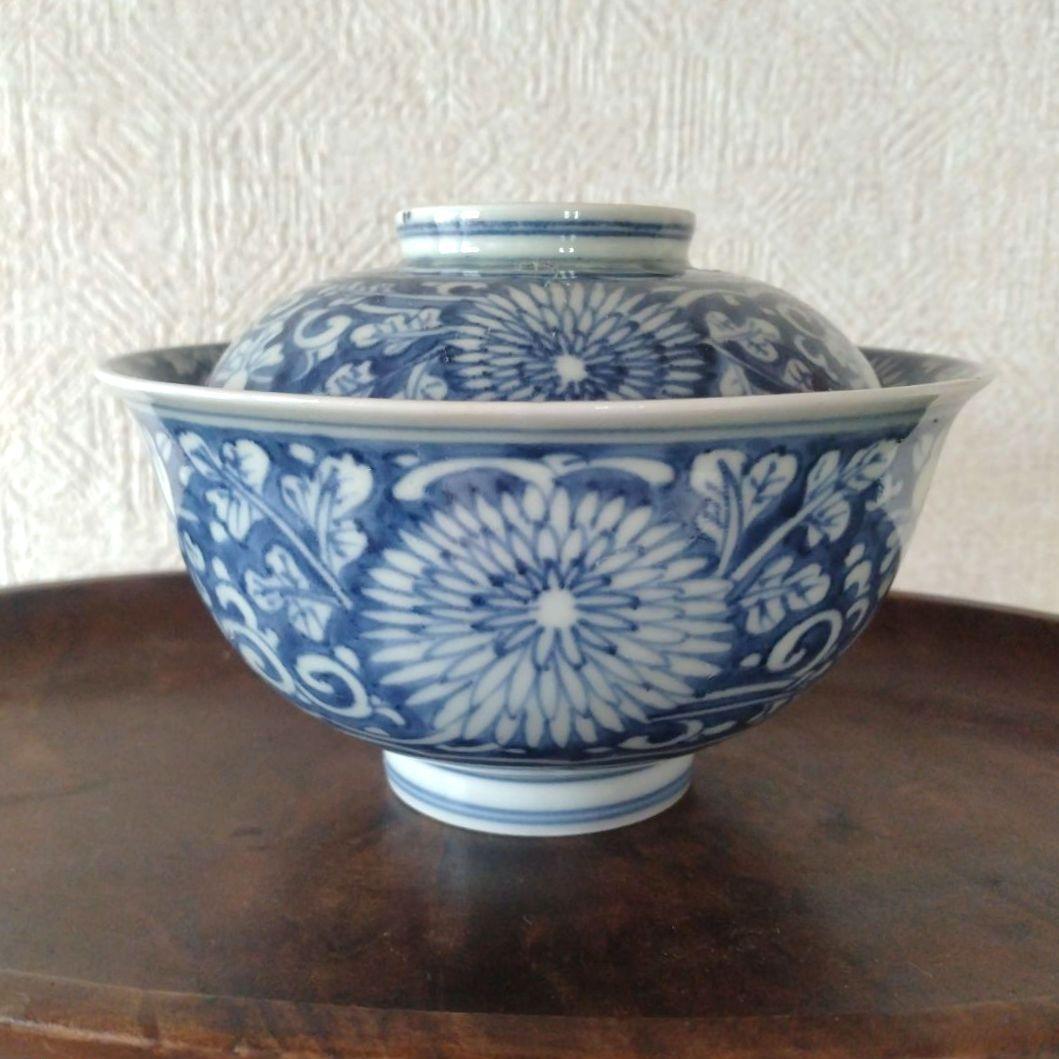 古伊万里染付菊唐草蓋付茶碗道光年製