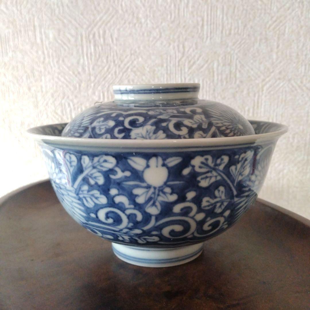 古伊万里染付菊唐草蓋付茶碗道光年製