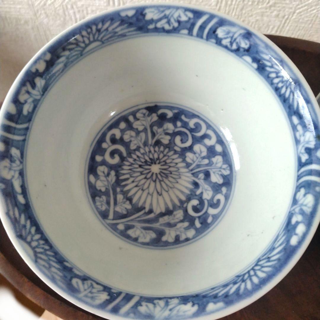 古伊万里染付菊唐草蓋付茶碗道光年製