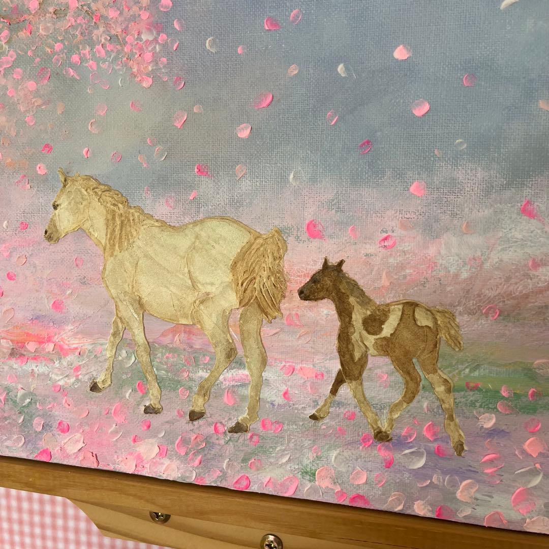 馬　馬の絵 桜 花の絵 テクスチャーアート さくら