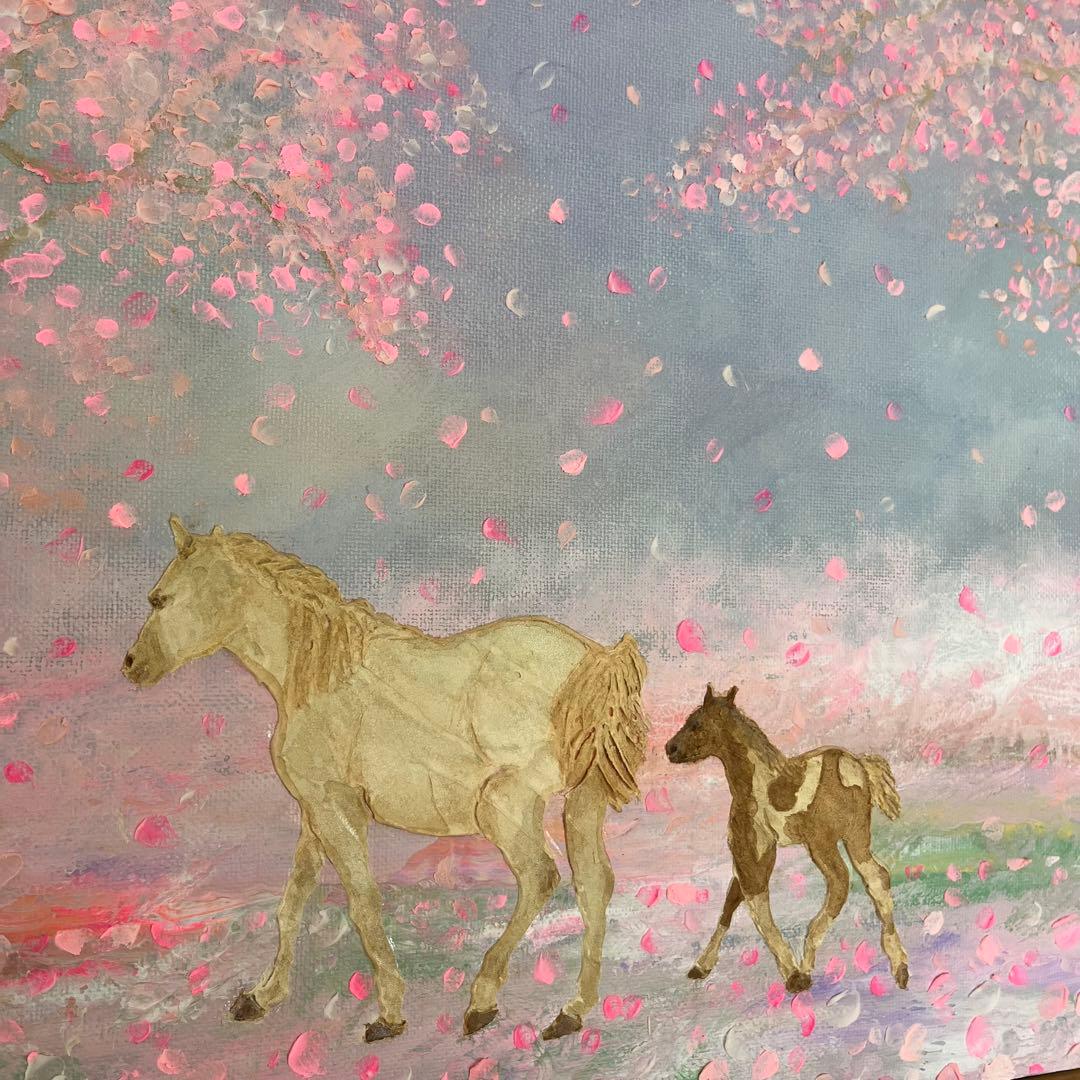 馬　馬の絵 桜 花の絵 テクスチャーアート さくら
