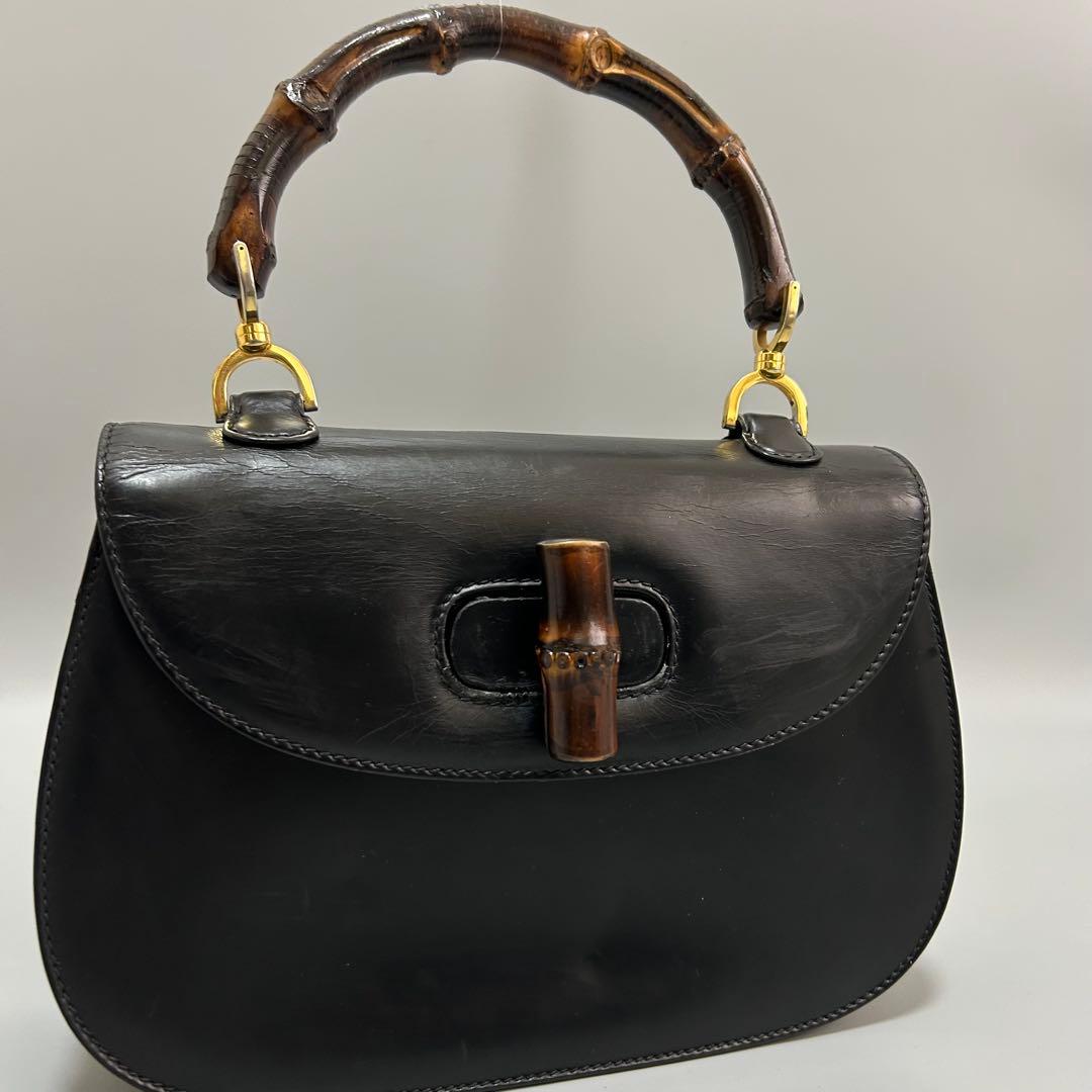 GUCCI グッチ バンブー レザー ハンドバッグ ターンロック ブラック