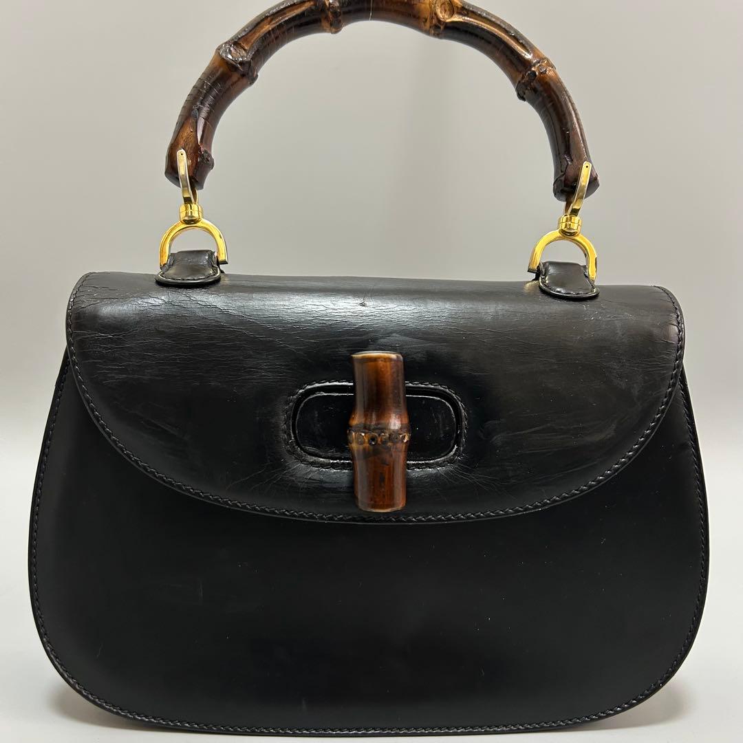 GUCCI グッチ バンブー レザー ハンドバッグ ターンロック ブラック