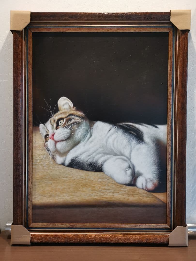 100%手描き 猫の絵画 リアル 写実画 額縁入り インテリア 癒し【送料無料】