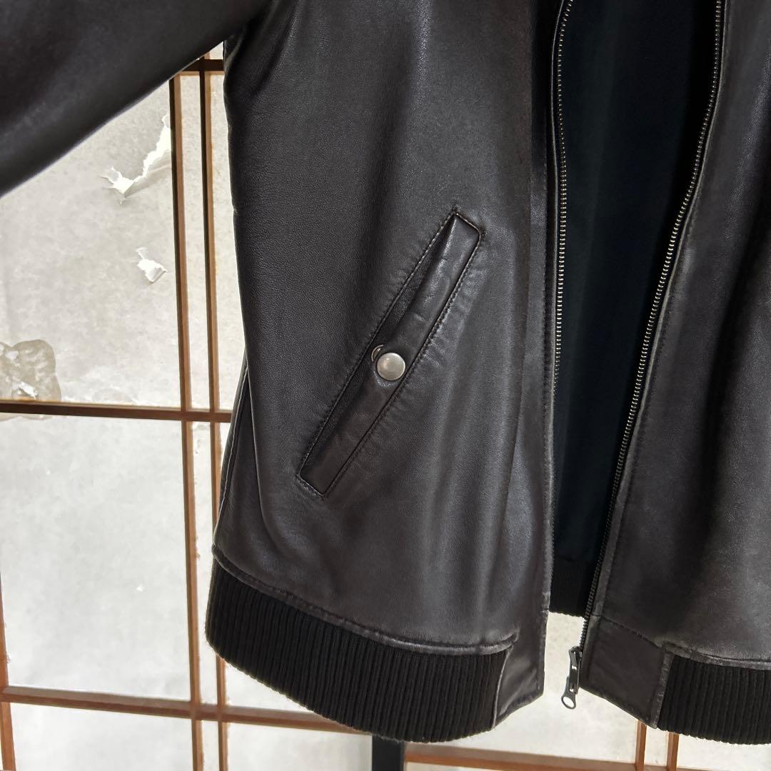 リブ襟ライダース 羊革 本革100% ブラウン Lサイズ