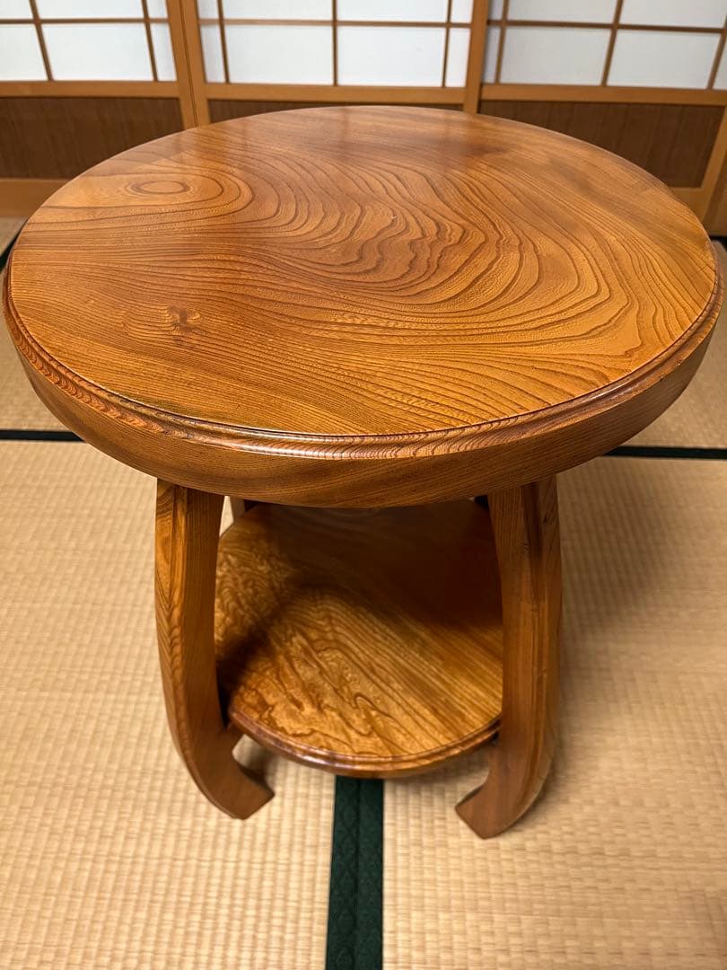 サイドテーブル　2段　丸型　曲木　天然木
