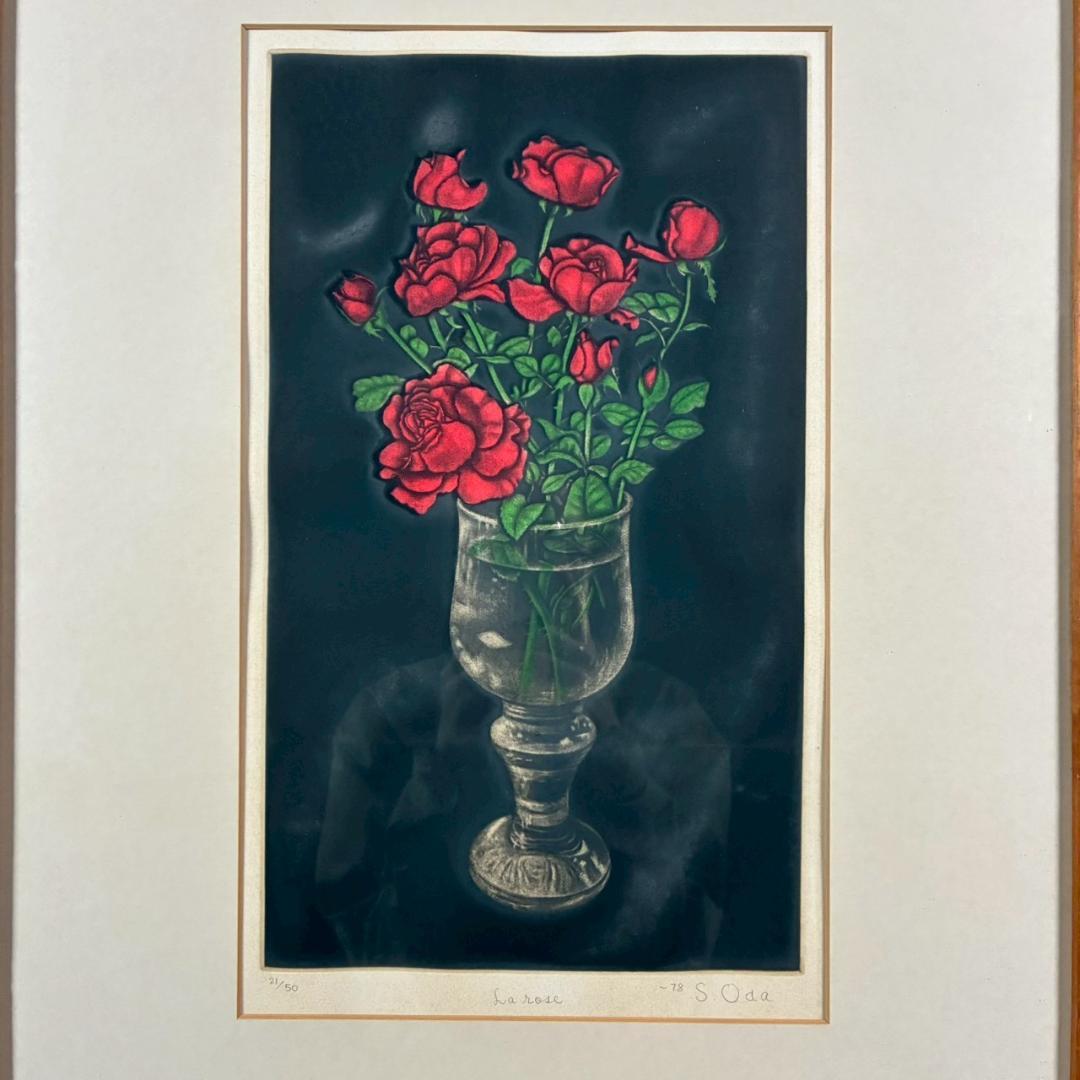 織田繁「薔薇」カラーメゾチント 1978年作 直筆サイン入 ギャラリーシール有