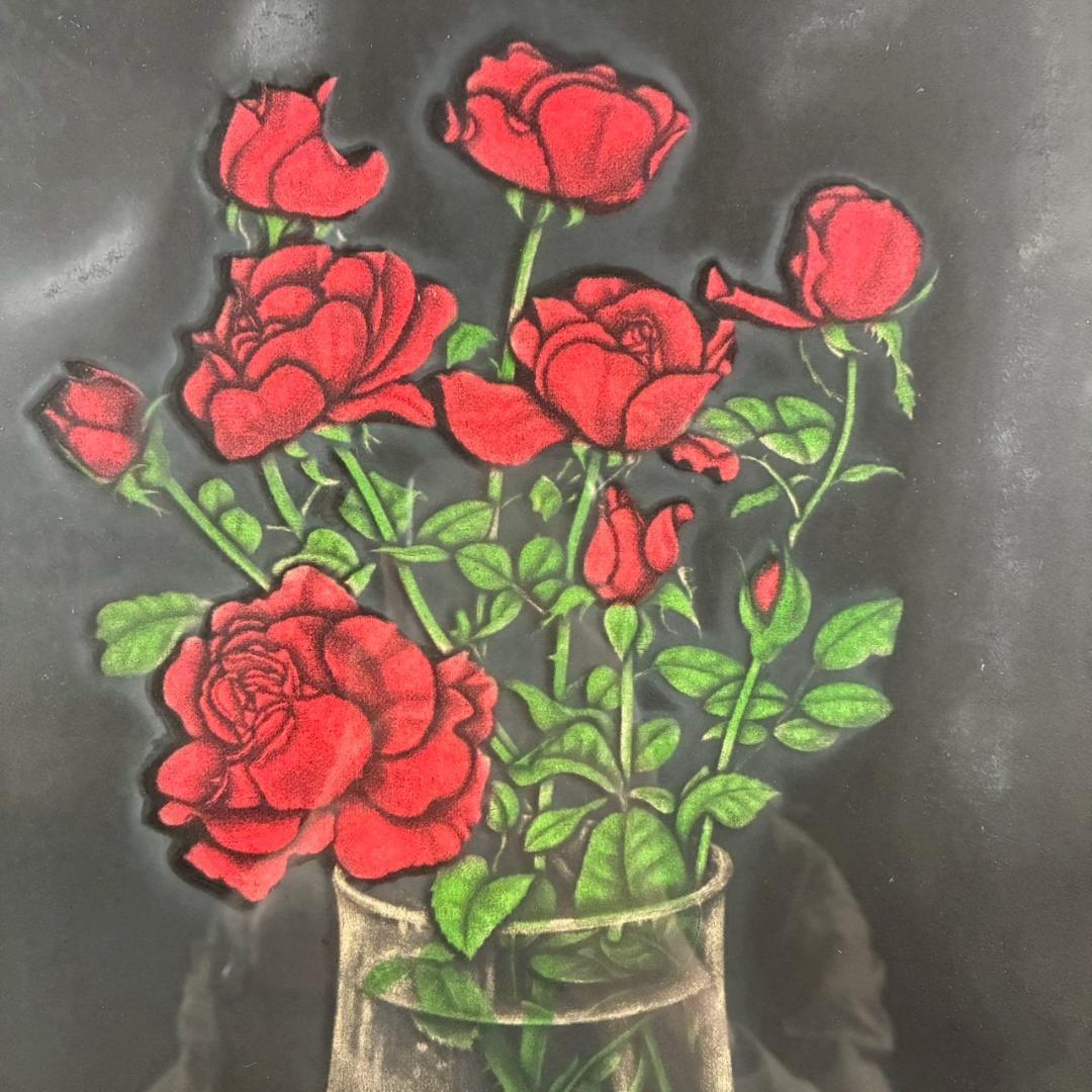 織田繁「薔薇」カラーメゾチント 1978年作 直筆サイン入 ギャラリーシール有