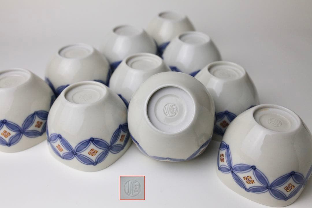 伊東陶山　七宝繋ぎ文　四方　猪口　ぐい呑　煎茶器　茶碗　茶器 10個