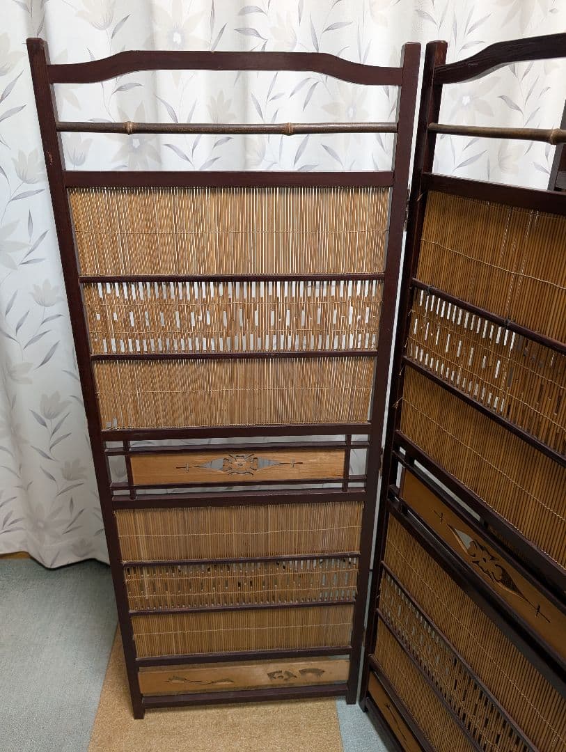 古家具　パーテーション 　　屏風　衝立　4連　竹　木製