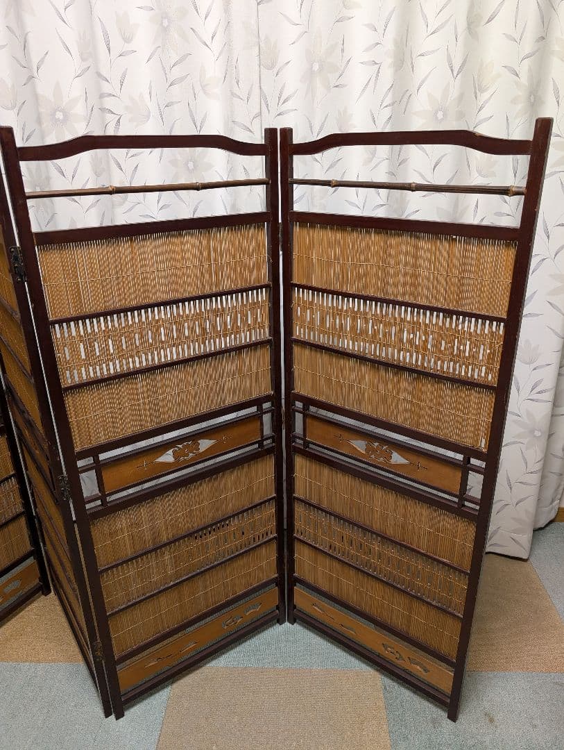 古家具　パーテーション 　　屏風　衝立　4連　竹　木製