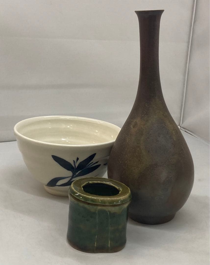 B143  備前花入・砥部白水茶碗・織部蓋置　茶道具3点セット　各共箱