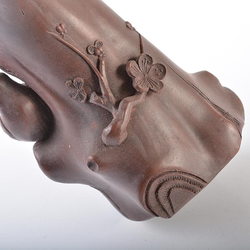 中国　紫砂　朱泥　梅に鳥彫　花瓶　在銘　V　R6388