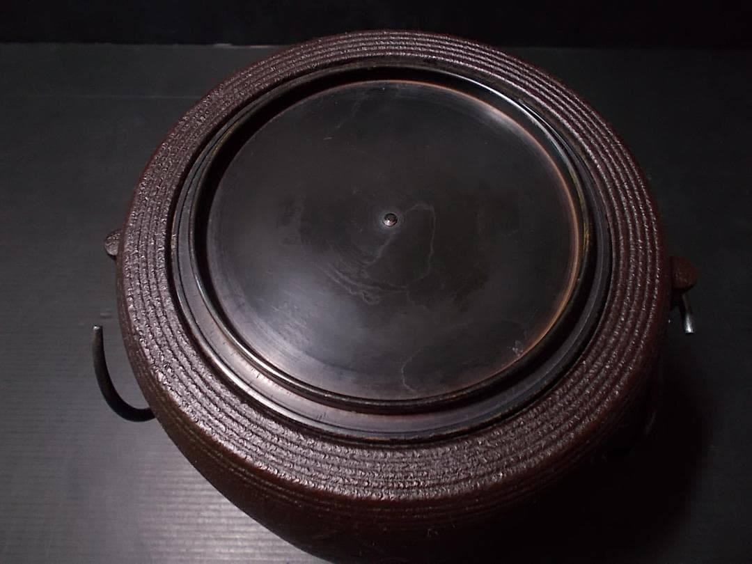 茶道具 糸目竹姥口筒釜 茶釜 釜環 釜師:菊池政光 共箱 送料込み