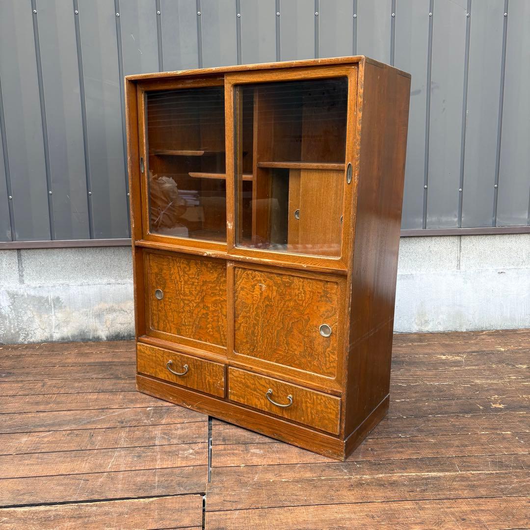 昭和レトロ 無垢材 茶棚 茶箪笥 ガラス戸 サイドボード 古家具 ビンテージ