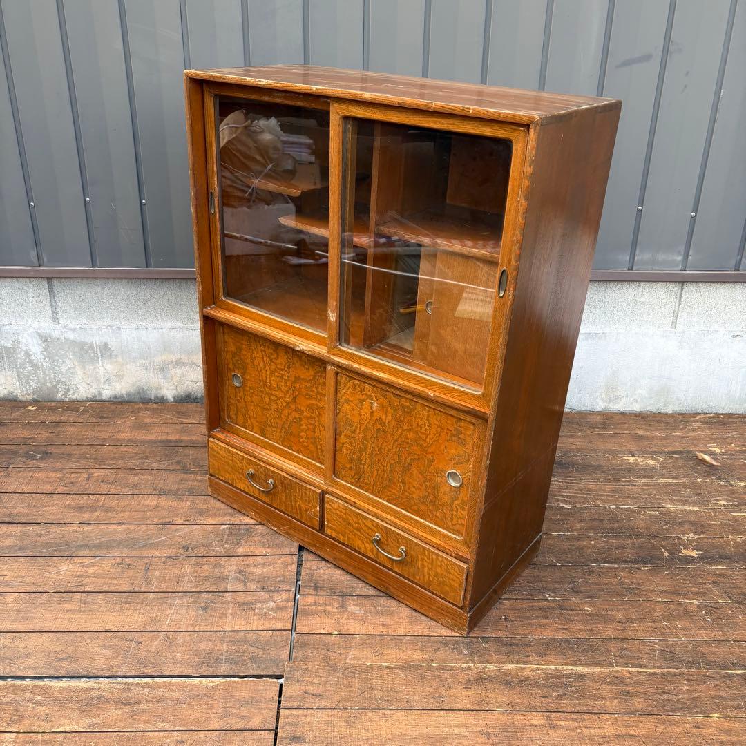 昭和レトロ 無垢材 茶棚 茶箪笥 ガラス戸 サイドボード 古家具 ビンテージ