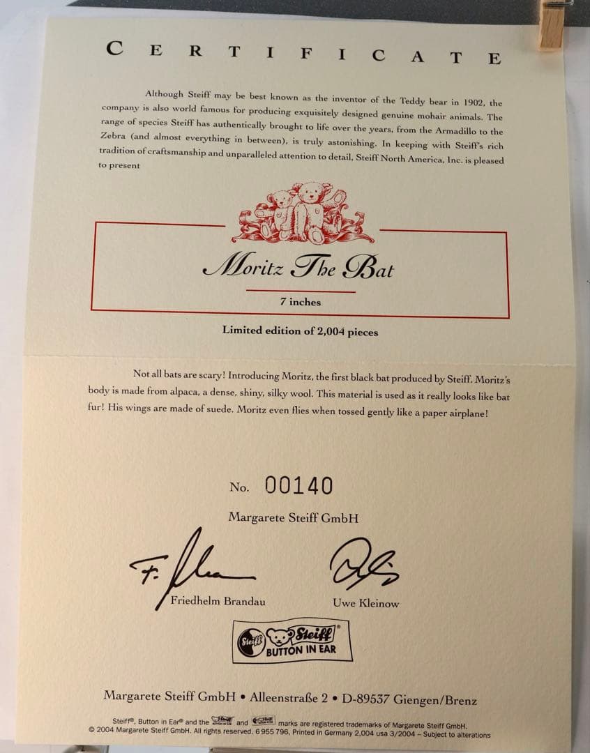Steiff Moritz the Bat ぬいぐるみ