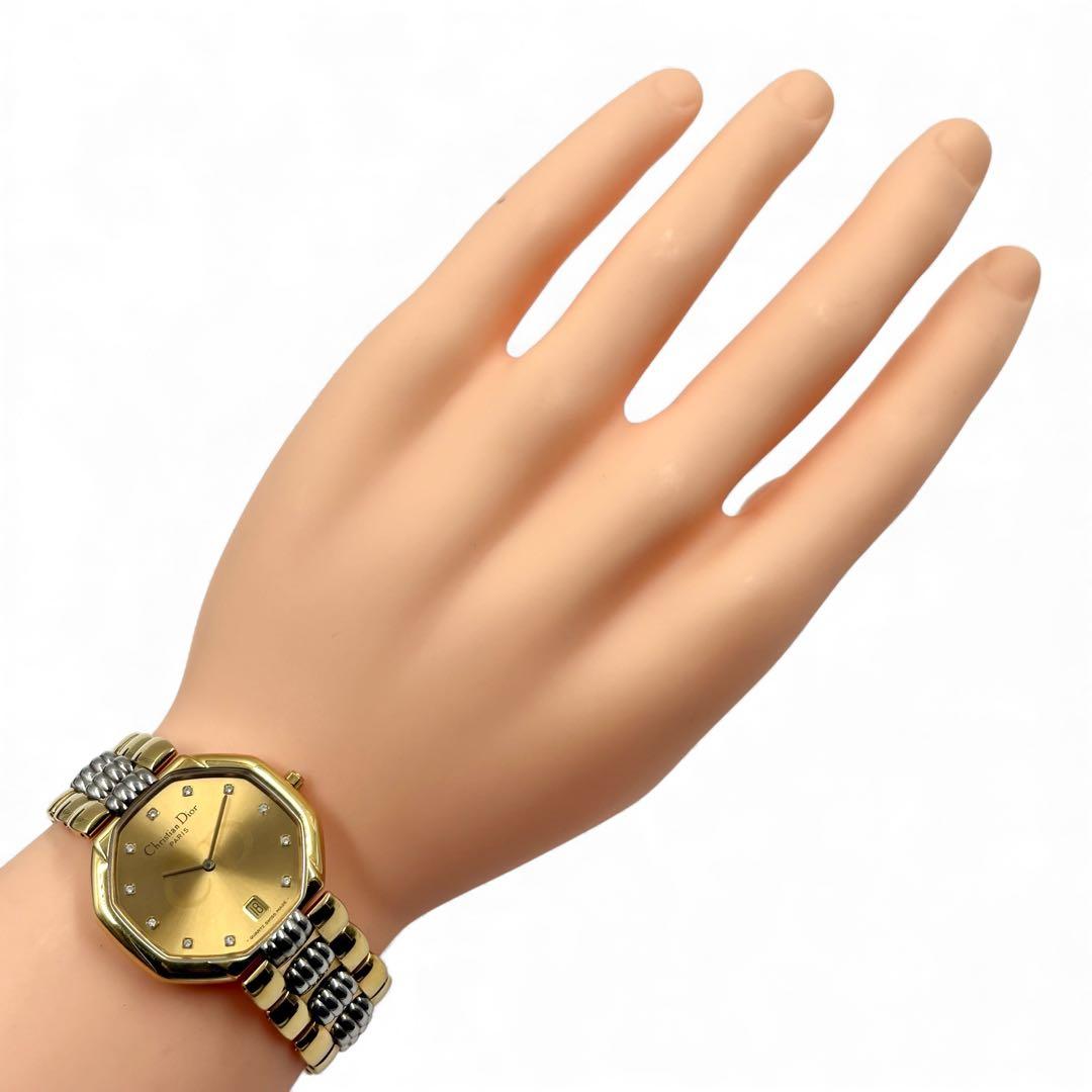 レア クリスチャンディオール 腕時計 ダイヤ11P オクタゴン ゴールド デイト