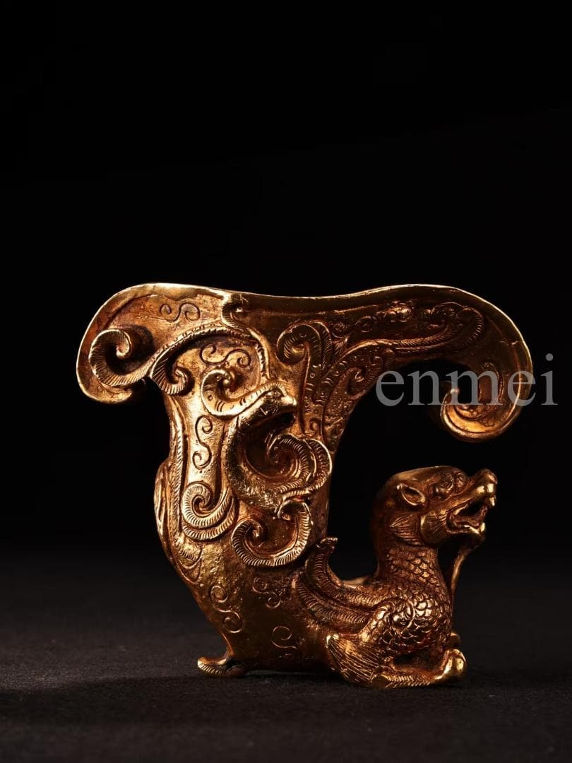 中国古美術・旧藏珍品・唐代風龍紋高浮彫・鎏金銅製酒器・酒具・純銅製・置物・風水