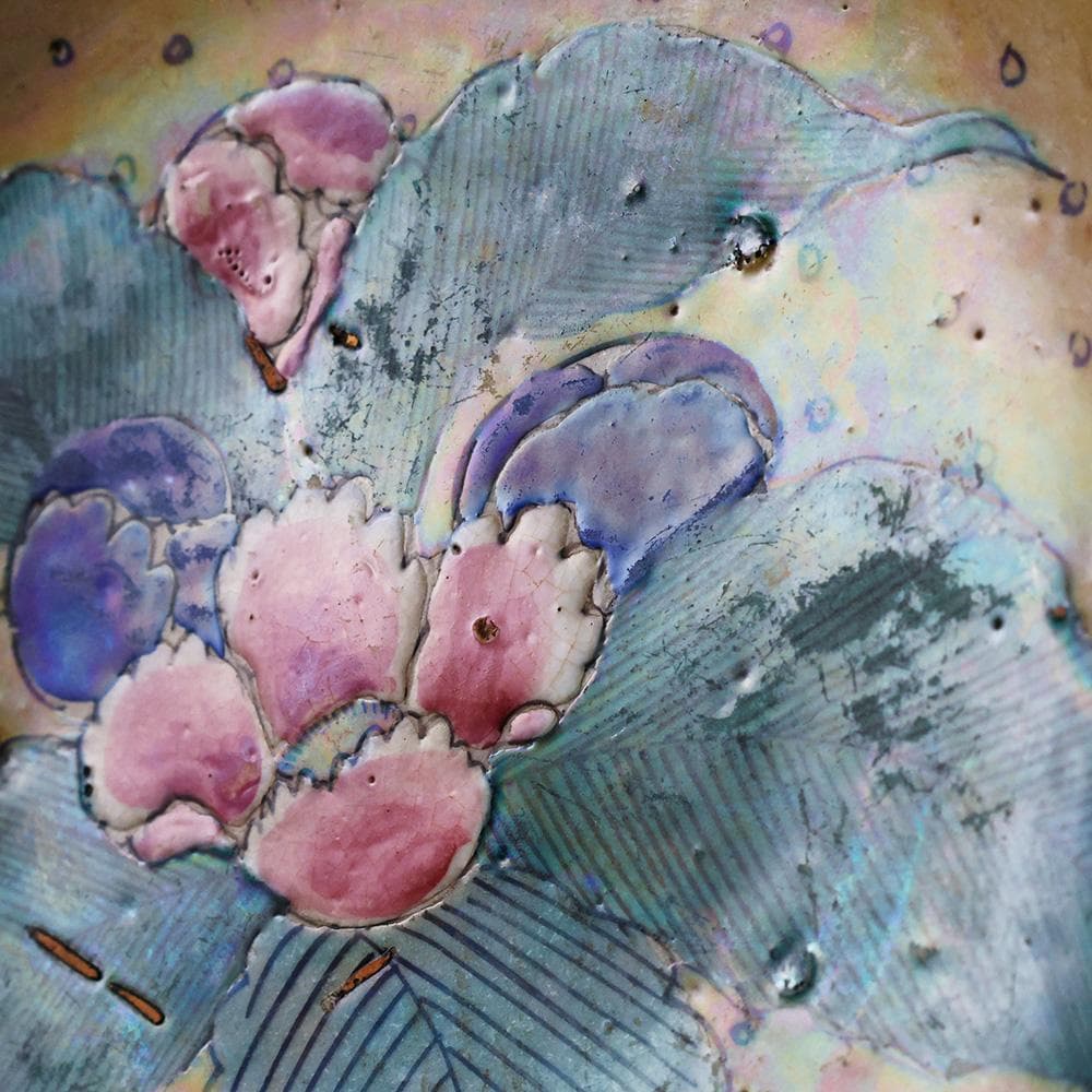 時代年代物 九谷 青手色絵 花の図 七寸 飾皿 直径21㎝ 合せ箱