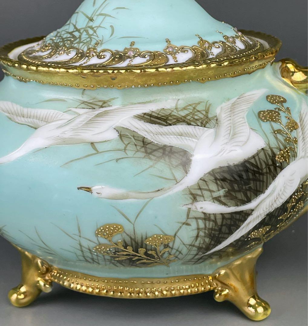 【訳あり】オールドノリタケ フライングスワン 脚付きティーポット ジュエル