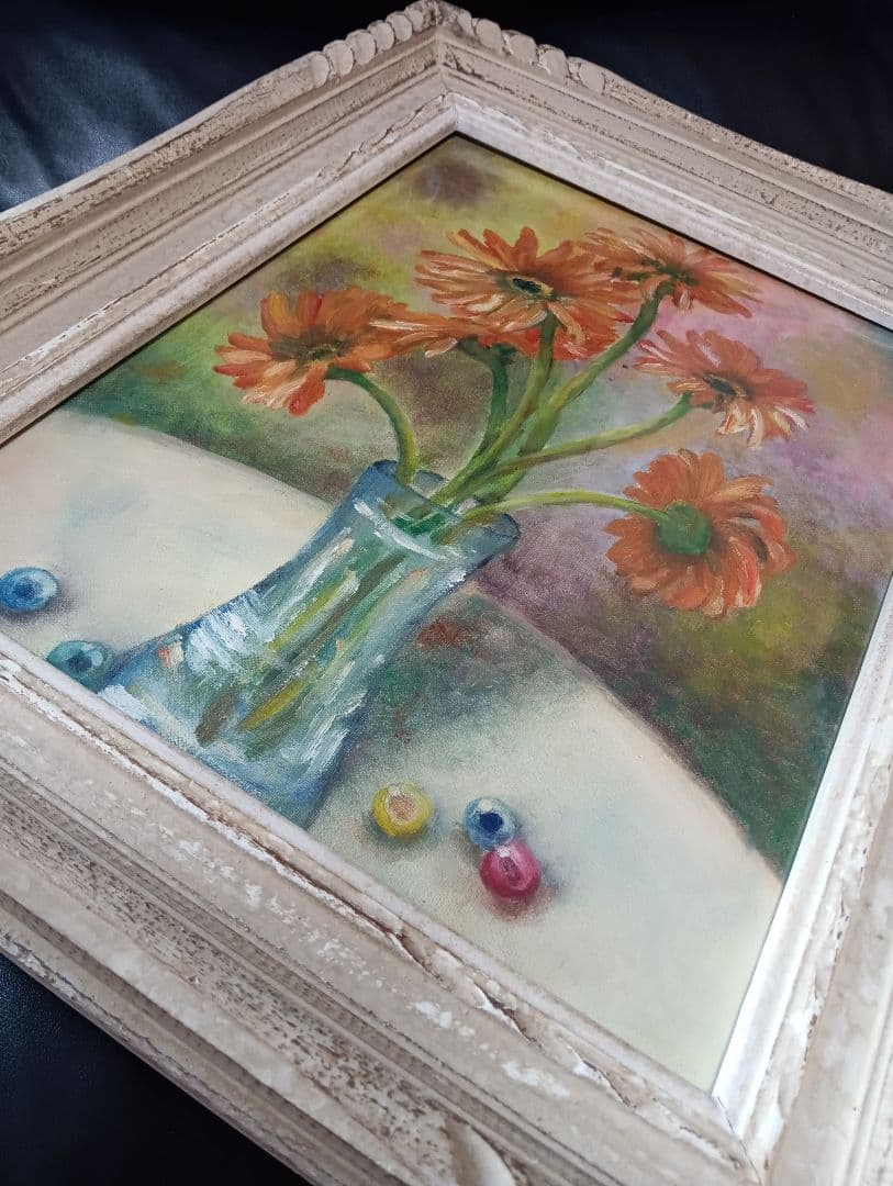 現代美術手描き油彩油絵額装縦５５Ｘ横４５Ｘ厚さ７センチ枠Ｆ６キャンバス品