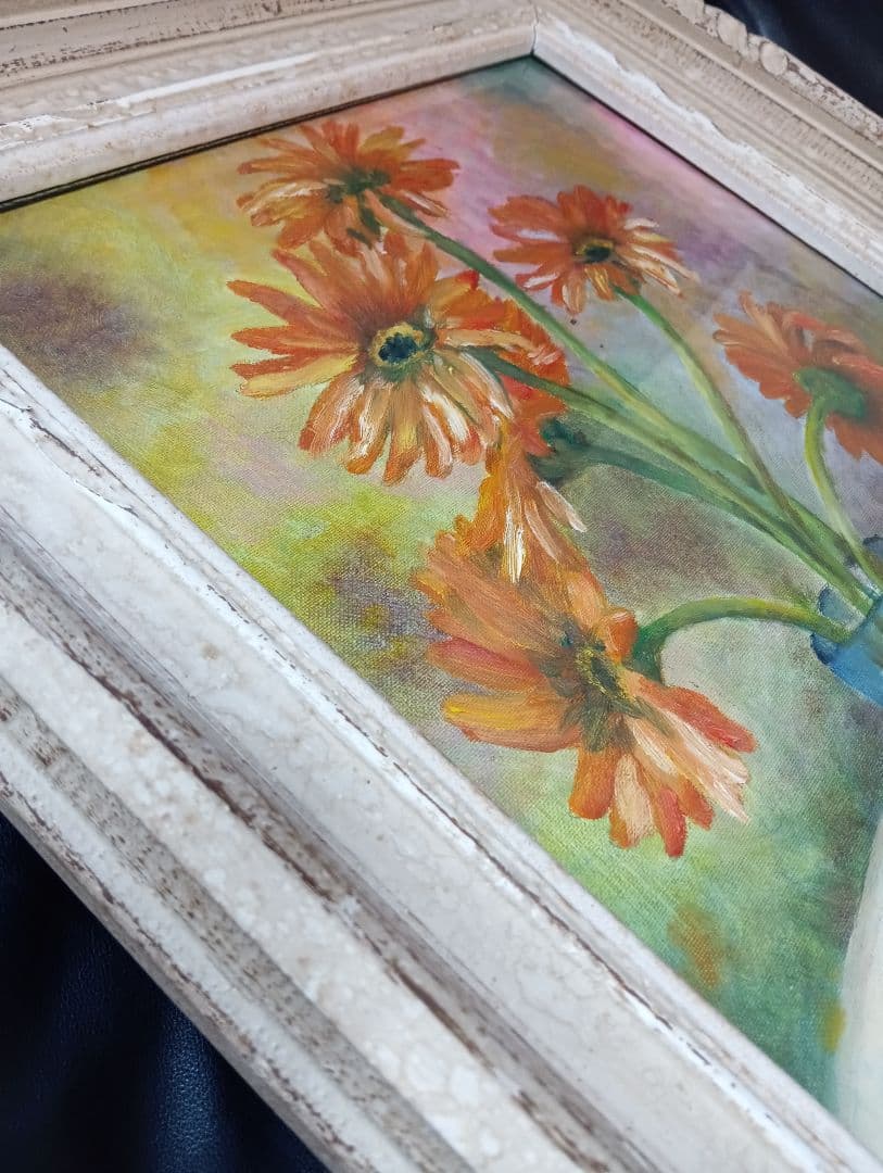 現代美術手描き油彩油絵額装縦５５Ｘ横４５Ｘ厚さ７センチ枠Ｆ６キャンバス品